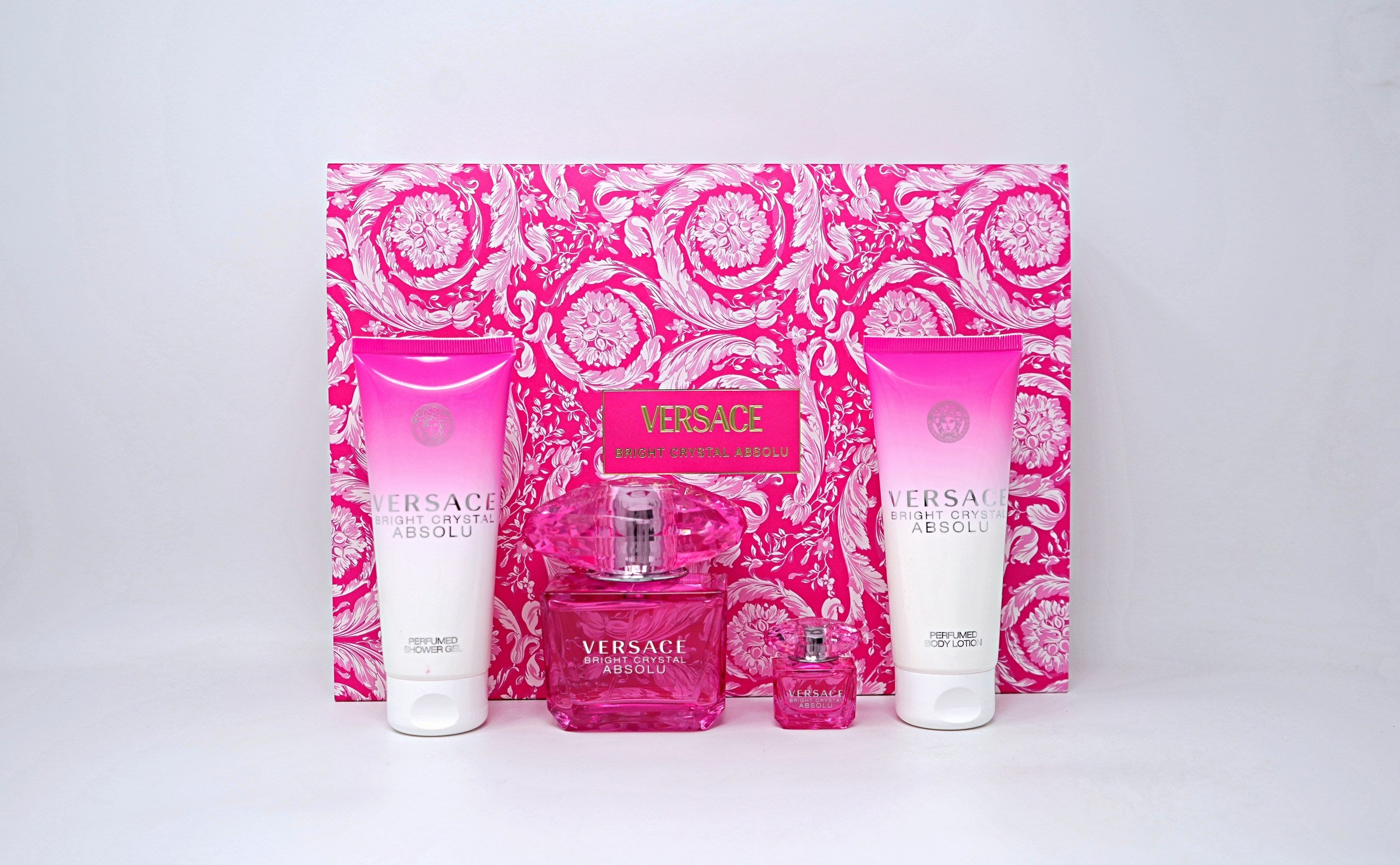 VERSACE BRIGHT CRYSTAL ABSOLU(W)(H/B)2024(LI FREE)4PC SET(3.0oz edp sp,3.4oz B/L,3.4oz S/G,5ml spl)